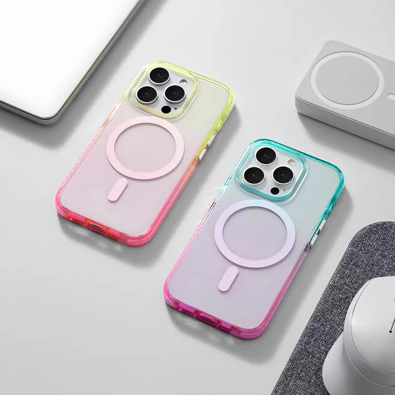 Luxury Color Gradients Transparent Magsafe Phone Case for IPhone 16 Pro 15 14 Pro Max Magnetic Wireless Charge Bumper Pc Cover