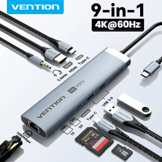 Vention USB C Hub HDMI 4K 60Hz 9 in 1 PD 100W RJ45 Adapter USB3.0 Hub 5Gbps Splitter Docking Station for MacBook Air iPad Laptop