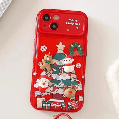 Cartoon 3D Christmas Elk Pendant Case For iPhone 17 16 15 14 13 12 11 Pro Max Plus Santa Claus Bell Keychain Stand Holder Cover