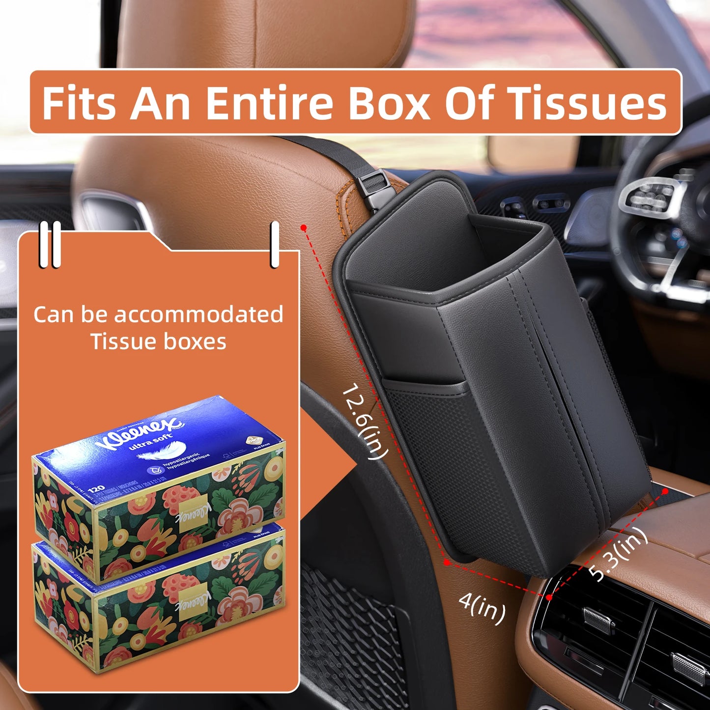 Leather Car Storage Bag  Auto Seat Organizer Tissue Bag Water Cup Holder Mesh Storage Pocket Car Storage Box With Hanging