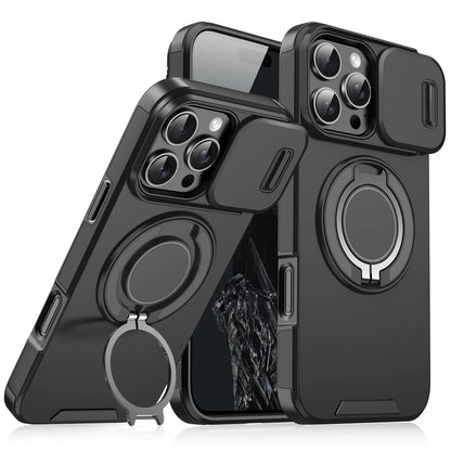 Luxury Heavy-Duty Rugged Armor Magnetic Bracket Case For iPhone 17 16 15 14 13 12 11 Pro Max Slide Camera Protection PC Cover