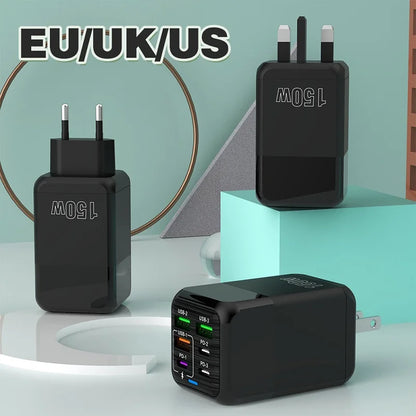 New 150W Fast Charger Mobile Phone Wall Adapter 3Type-C+3USB Multi Port Adapter Super Fast Charging for iPhone Samsung Huawei