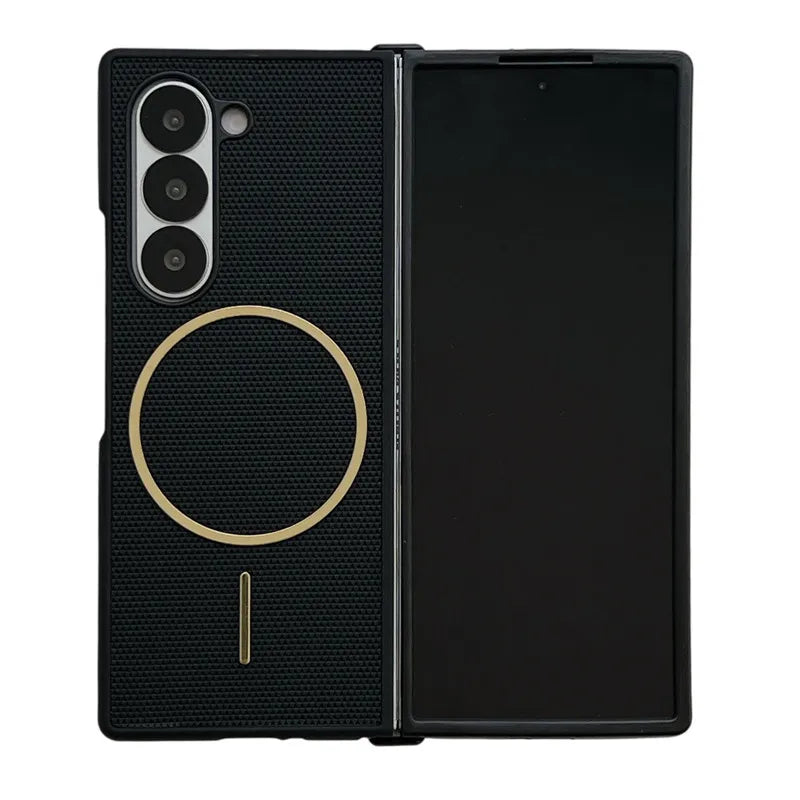 Business Leather Gold Magnetic Coil Phone Case For Samsung Galaxy Z Fold 7 Z Fold6 Fold 5 4 3 Luxury Full Protective Thin Cover