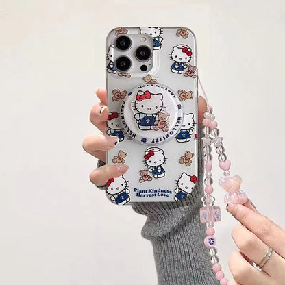 Cute Hello Kitty Magnetic Grip Holder Magsafe Wireless Charge Phone Chain Case For iPhone 16 15 12 Pro Max 14 Plus 13 Mini Cover