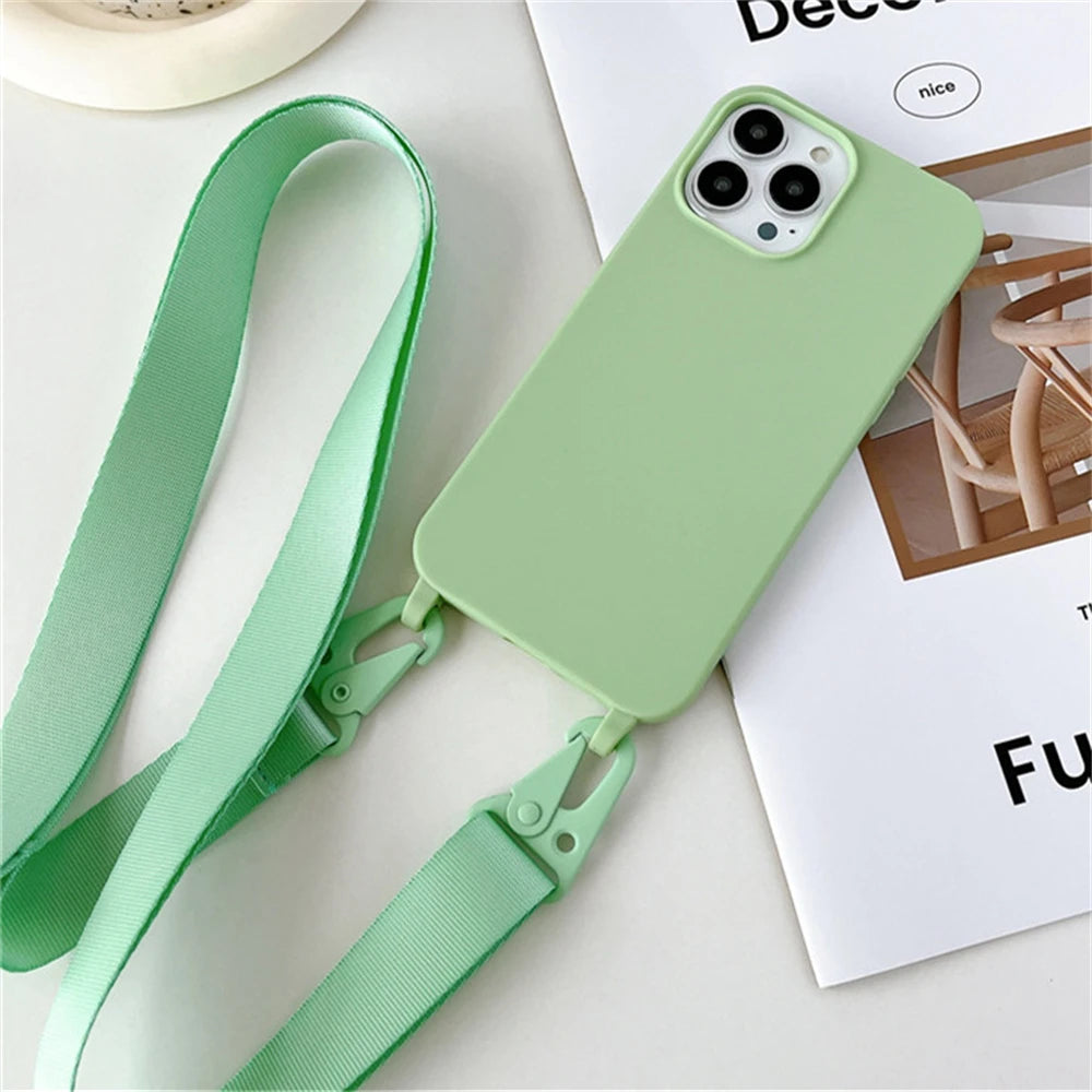 Crossbody Necklace Strap Lanyard Matte Silicone Case For iPhone 17 16 15 14 Pro Max 11 12 13 XR X XS 8 Plus SE Shockproof Cover