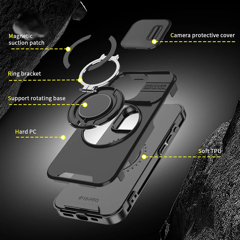 360°Rotating Hidden Metal Ring Car Holder Soft TPU+Hard PC Bumper Phone Case For IPhone 15 Pro Max 13 12 11 14 16 Pro Max Plus