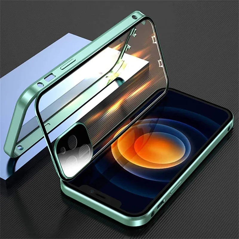 Clear 360° Full Protection Metal Magnetic Double-Sided Glass Press Phone Case for iPhone 16e 16 Pro Max 14 13 12 15 Pro Max Case