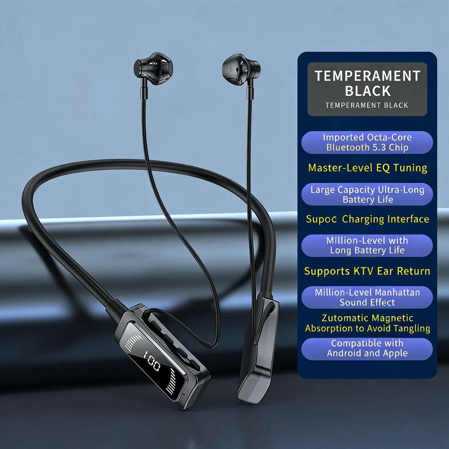 Wireless Bluetooth neckband headphones with digital display function, large-capacity semi-in-ear sports stereo headphones