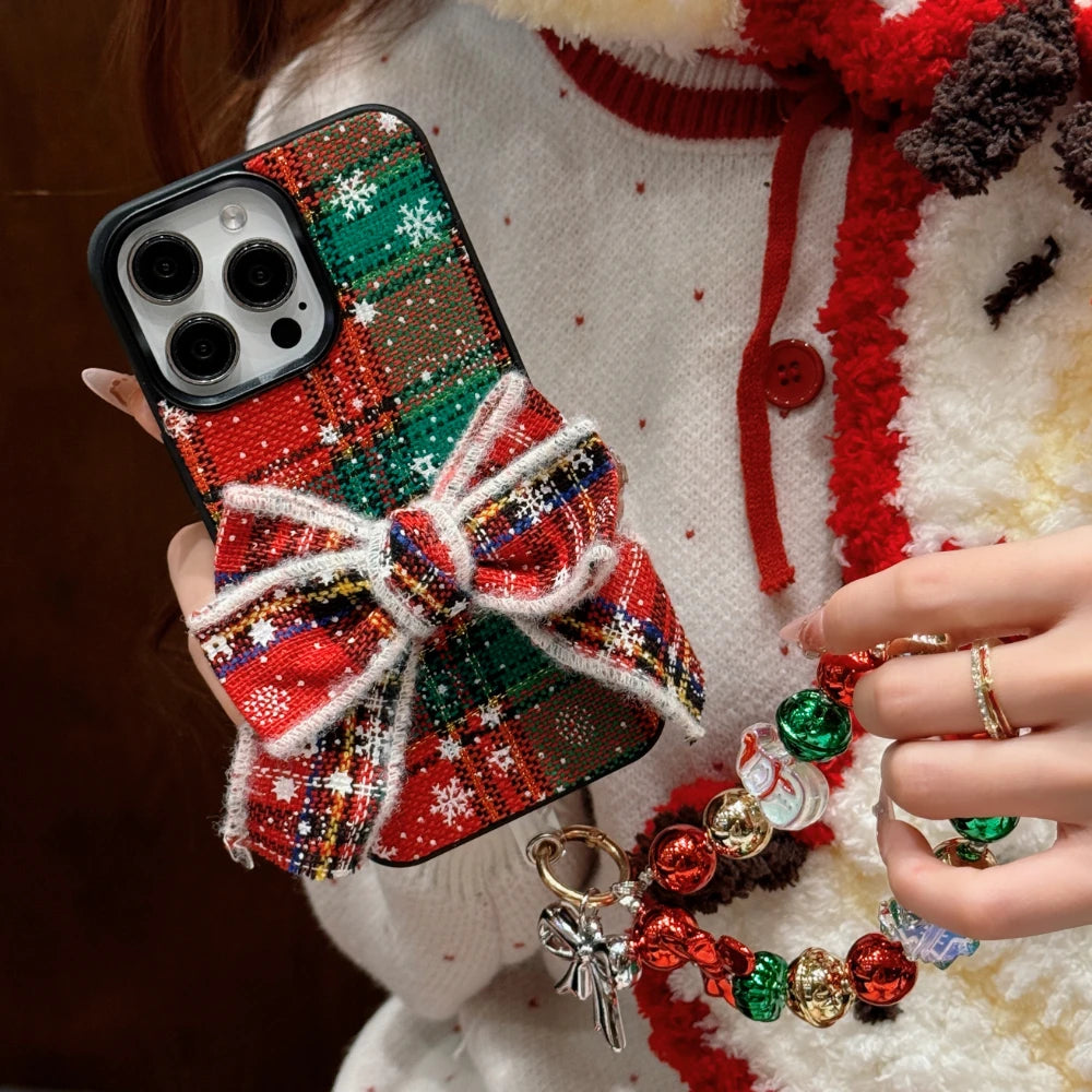 3D knitted Christmas  Bowknot Plaid Pattern Cartoon Cute With Bracelet Phone Case For iPhone 15 14 13 16 Pro Max Bumper Cover