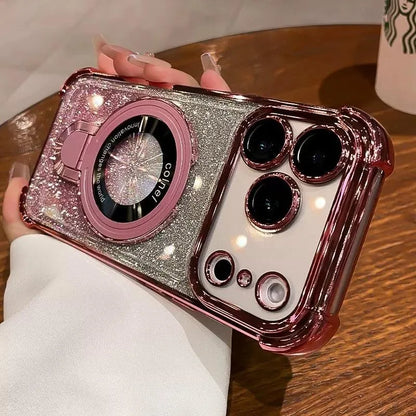 Plating for Magsafe Glitter Bracket Case for iPhone 17 16 15 Pro Max 14 Plus Air 11 12 13 Gradient Stand Airbag Shockproof Cover