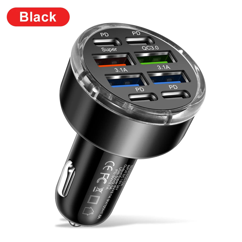 150W 8 Ports Car Charger Fast Charging PD QC3.0 USB C Car Phone Charger Type C Adapter in Car For iPhone Samsung Huawei Xiaomi
