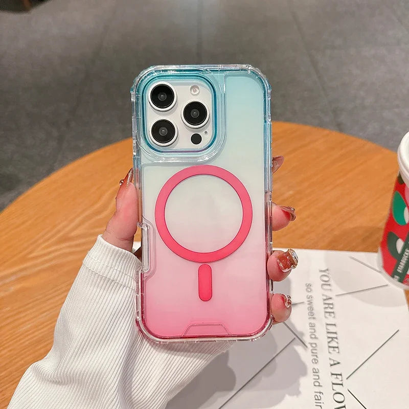 Heavy Duty Hard 3IN1 Gradient Shockproof Magnetic Case For iPhone 16 15 14 13 12 11 Pro Max Plus Magsafe Wireless Charging Cover