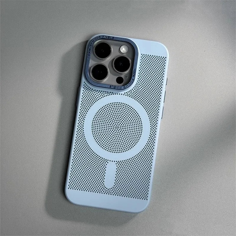 Honeycomb Grid Hole MagSafe Case for iPhone 16 15 Pro Max 14 Alloy Lens Summer Heat Dissipation Magnetic Back Cover PC Shell
