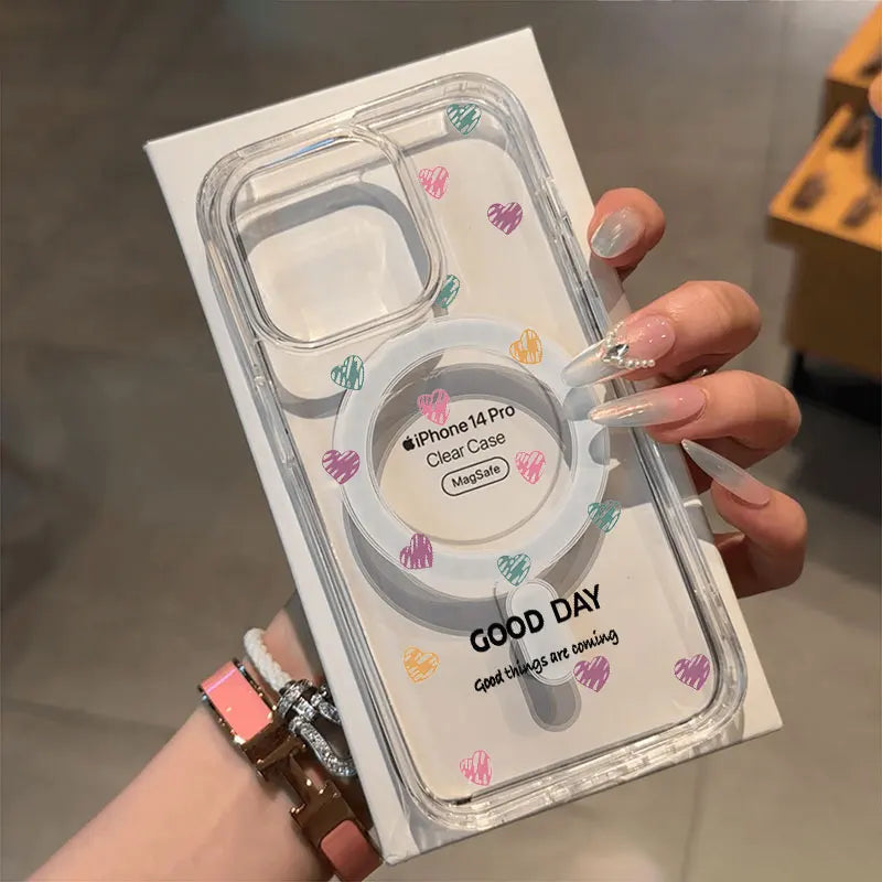 Small Flower Heart Graphic Magsafe Wireless Charger Phone Case For iPhone 16 15 14 13 12 11 16E Pro Max 7 8 Plus XS XR X Cover