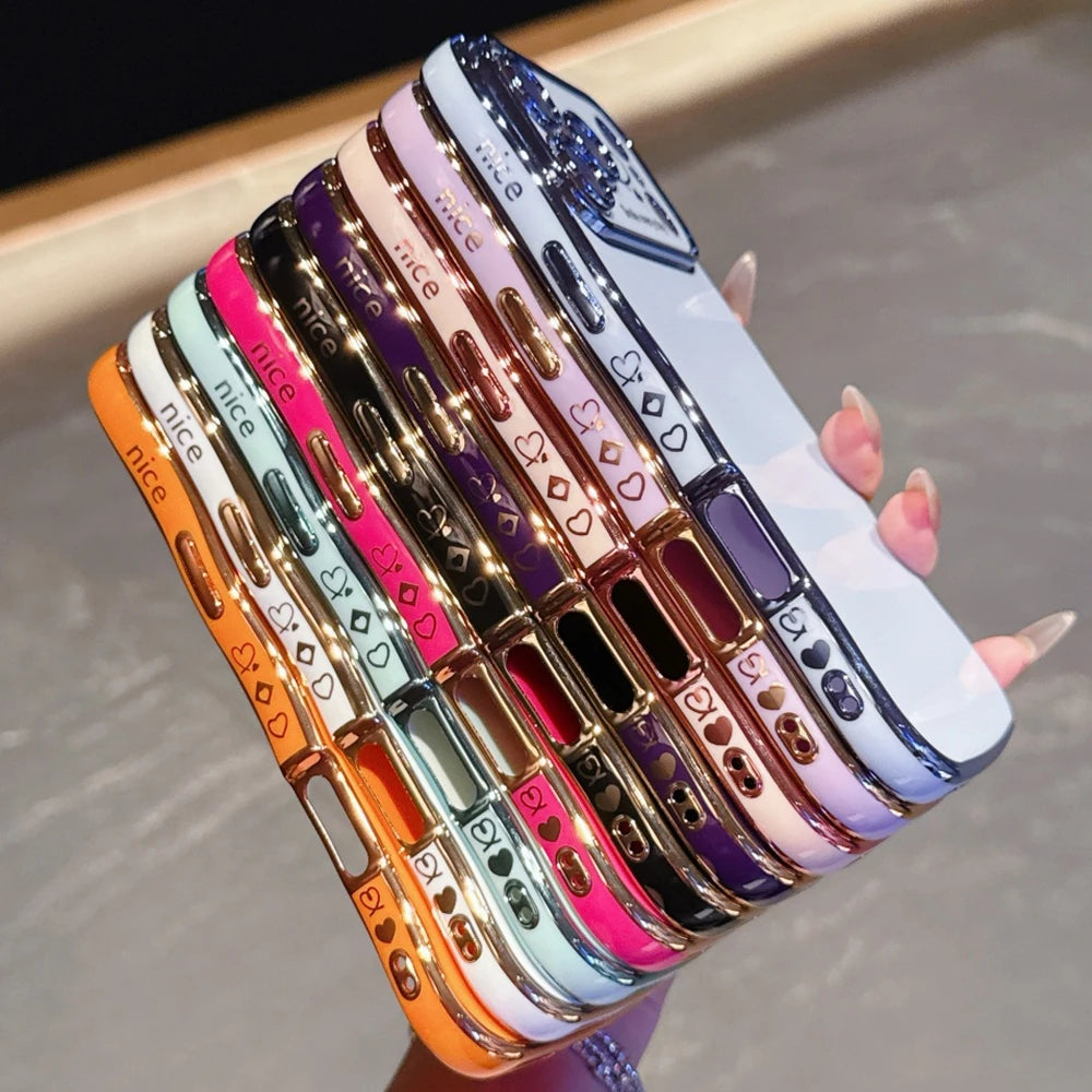 Luxury Plating Love Heart Wavy Border Phone Case For iPhone 17 16 15 14 13 12 11 Pro Max Plus 16E Air Shockproof Bumper Cover