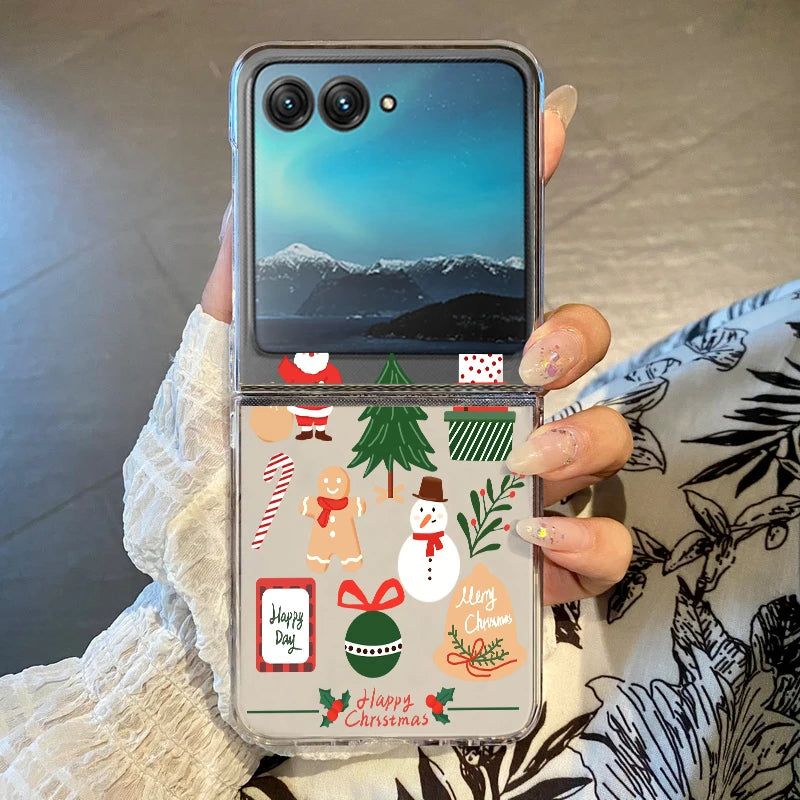 Christmas Phone Case For Motorola Razr 50 40 Ultra Razr 60 Ultra 50 40 Clear Hard PC Folding Shockproof Snowman Patterned Cover