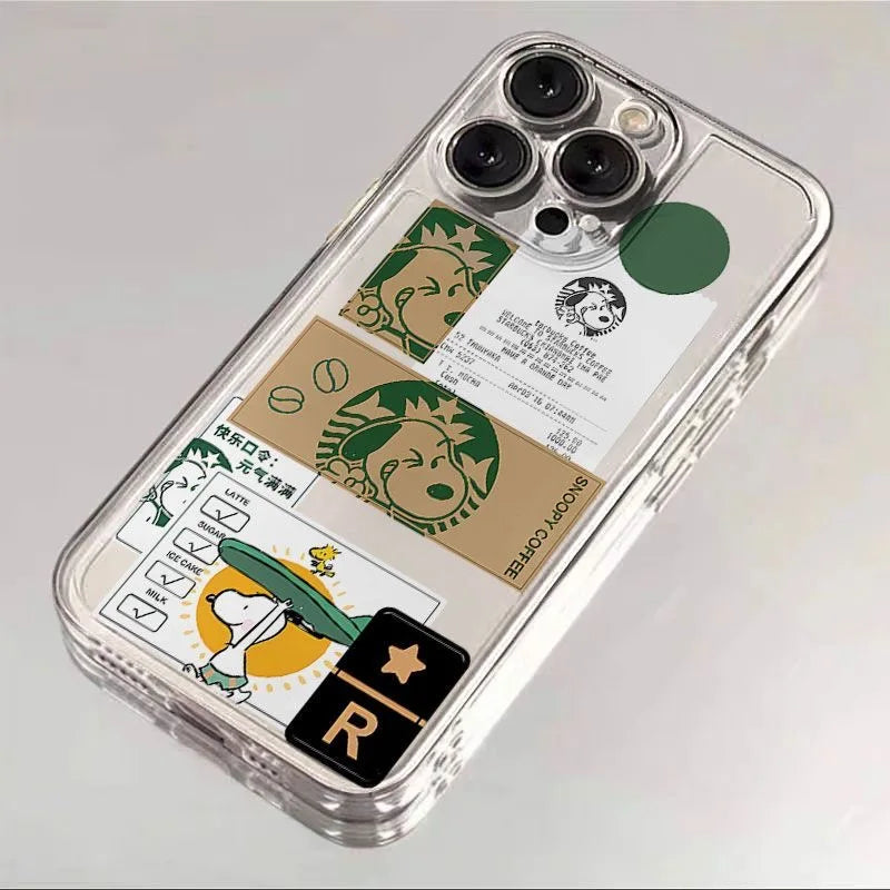 Funny Cartoon Cute Snoopy coffee Clear TPU Phone Case For iPhone 11 12 13 14 15 16 Pro Max 16 Plus Lovely Snoopy Anti-Fall Cover