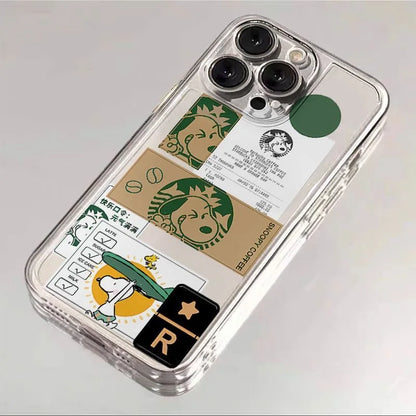 Funny Cartoon Cute Snoopy coffee Clear TPU Phone Case For iPhone 11 12 13 14 15 16 Pro Max 16 Plus Lovely Snoopy Anti-Fall Cover