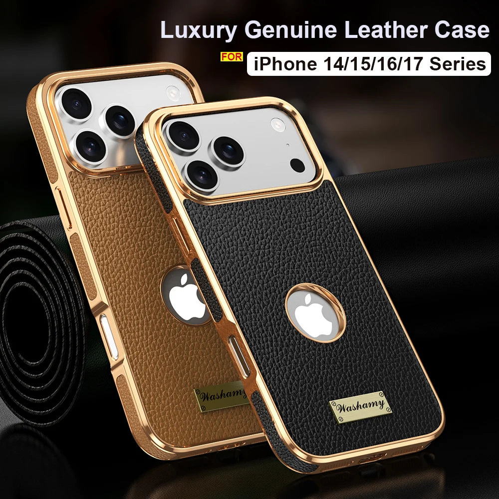Luxury Togo Calfskin Genuine Leather Case view Window of apple logo cover For iPhone 17 16 15 14 Pro Max 17 Air Cases skin Funda