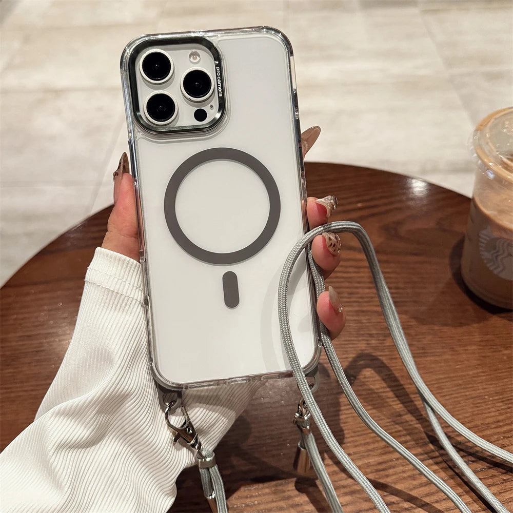 Crossbody Lanyard Necklace Transparent Magnetic For Magsafe Phone Case for iPhone 15 11 12 13 14 16 Pro Max Plus Anti-lost Cover
