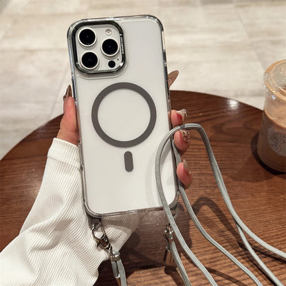 Crossbody Lanyard Necklace Transparent Magnetic For Magsafe Phone Case for iPhone 15 11 12 13 14 16 Pro Max Plus Anti-lost Cover