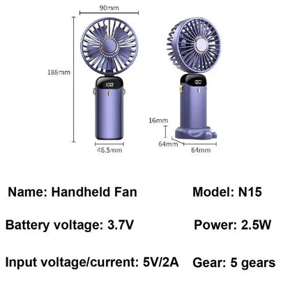 Foldable Portable Handheld Mini Fan 3000mAh with 5-Speed USB Rechargeable Battery, Neck Hanging Design & Phone Stand Display for Indoor and Outdoor Use