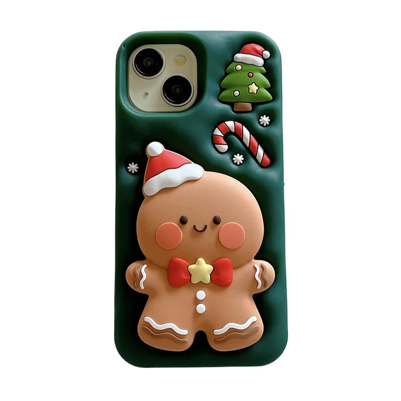 Cartoon Cute Christmas Gingerbread Man Bracket Silicone Phone Case For iPhone 17 Pro Max Air 16 15 14 13 Holder Stand Back Cover