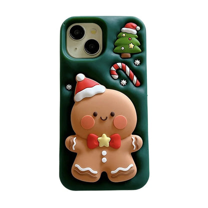 Cartoon Cute Christmas Gingerbread Man Bracket Silicone Phone Case For iPhone 17 Pro Max Air 16 15 14 13 Holder Stand Back Cover