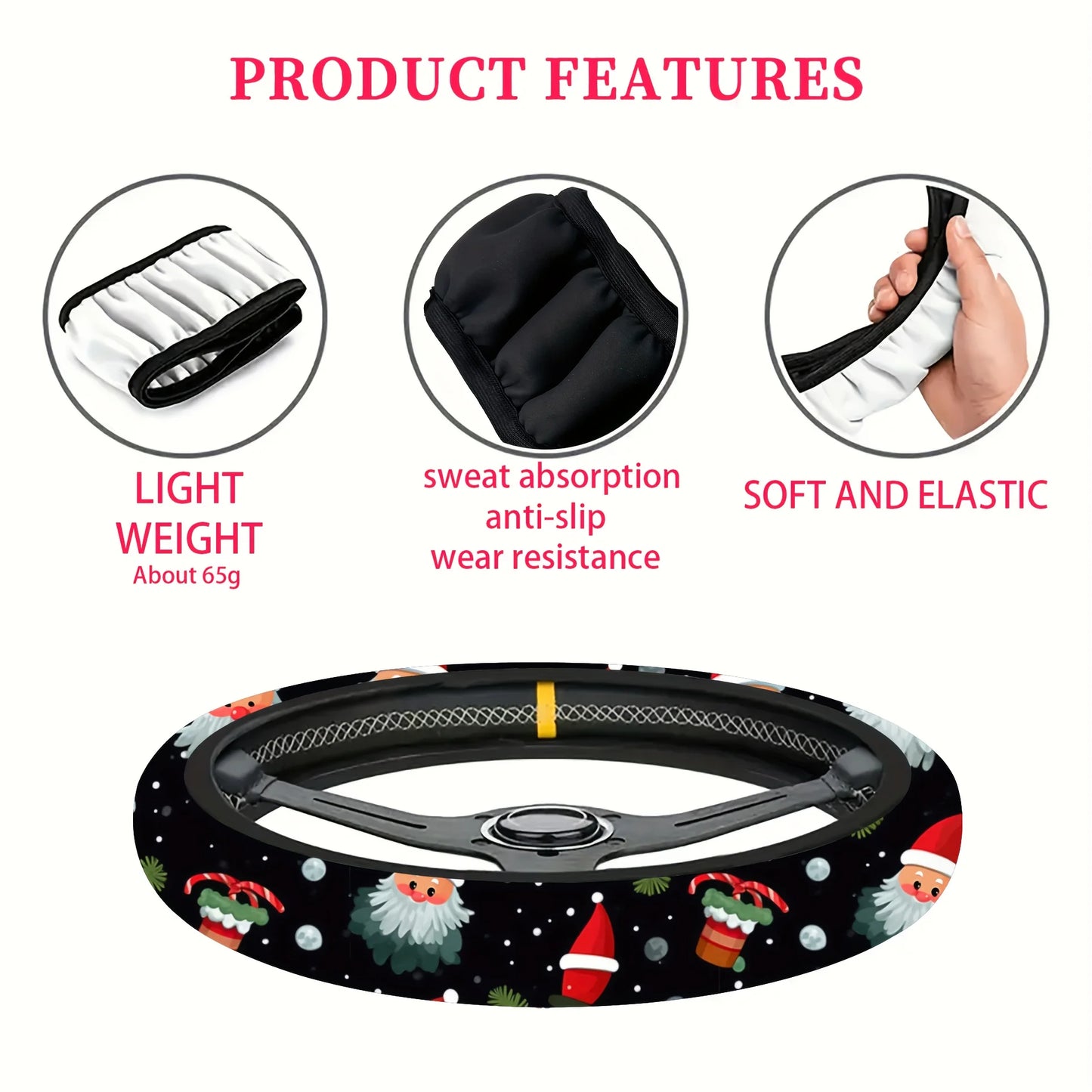 Santa Claus Print Soft Neoprene Steering Wheel Cover 15" Fit for Cars SUVs Trucks Festive Interior Decor