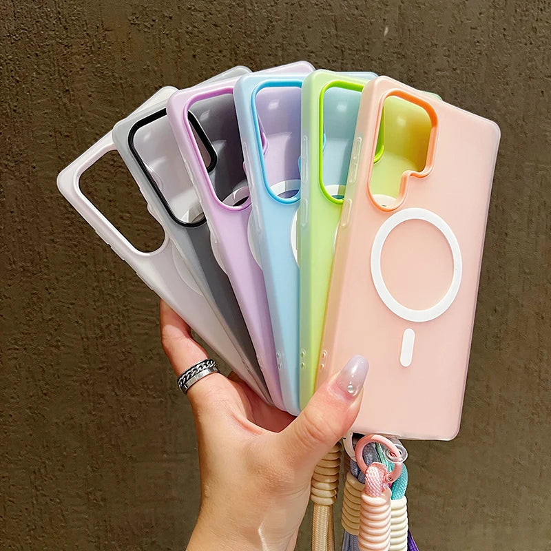 Candy Color Matte For Magsafe Lanyard Soft Phone Case For Samsung Galaxy S24 FE S25Edge S22 S23 FE Plus S25 Ultra Magnetic Cover