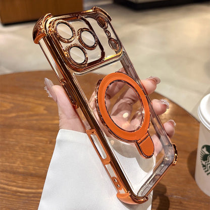 for Magsafe Glitter Bracket Plating Case for iPhone 17 16 15 Pro Max 14 Plus 11 12 13 Air Ring Holder Bling Airbag Bumper Cover