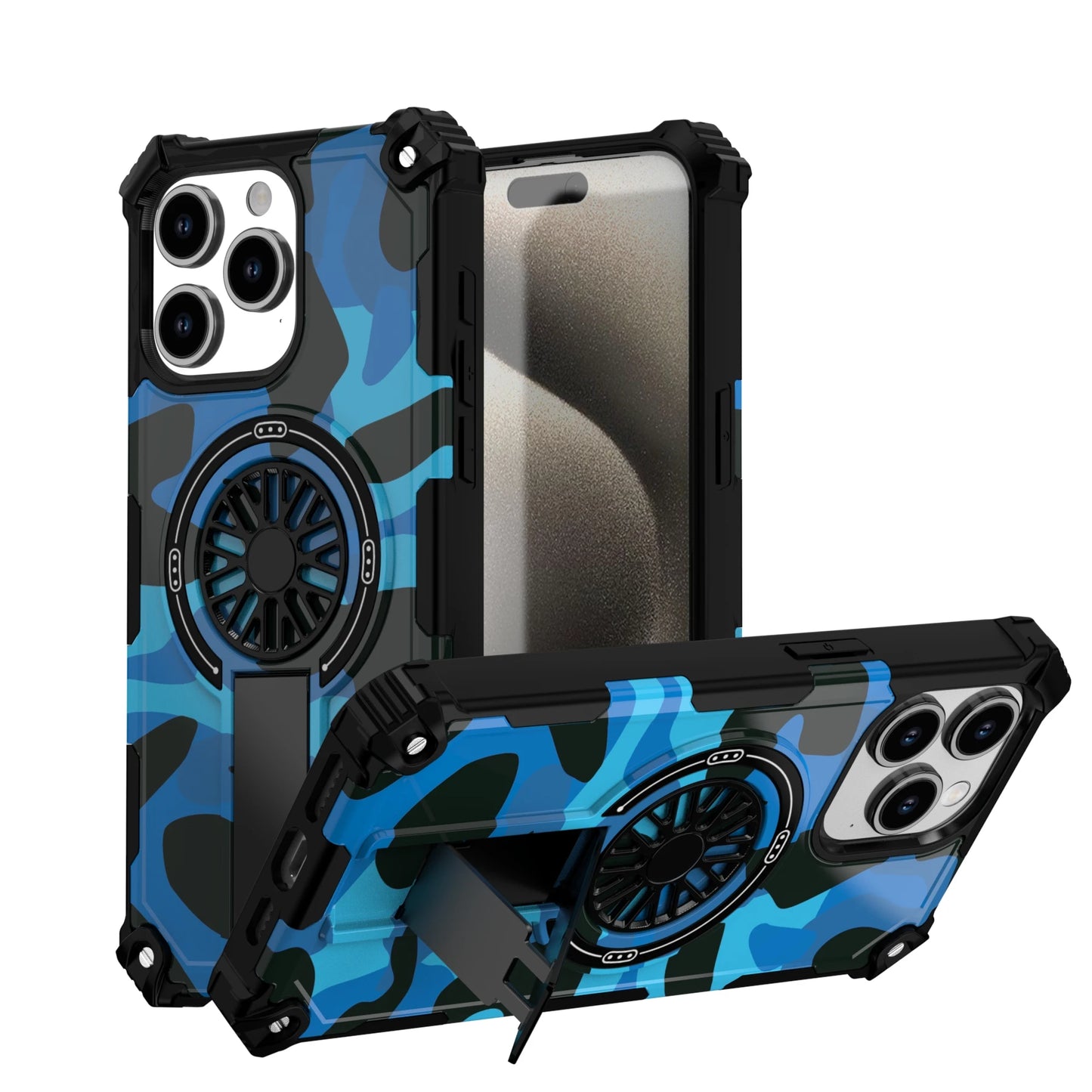 Camouflage Army Green Carbon Magnetic Phone Case Stand For Magsafe iPhone 16 15 PM 14 Plus 13 12 Pro Max 11 16e Protection Cover