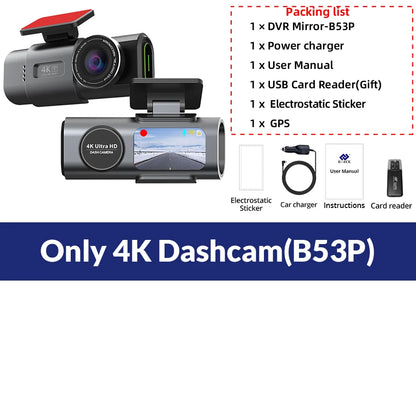 Dash Cam Dual Lens 4K UHD Recording Car Camera DVR Night Vision Video Recorder Support GPS Wi-Fi Room Black Box Rear View Camera