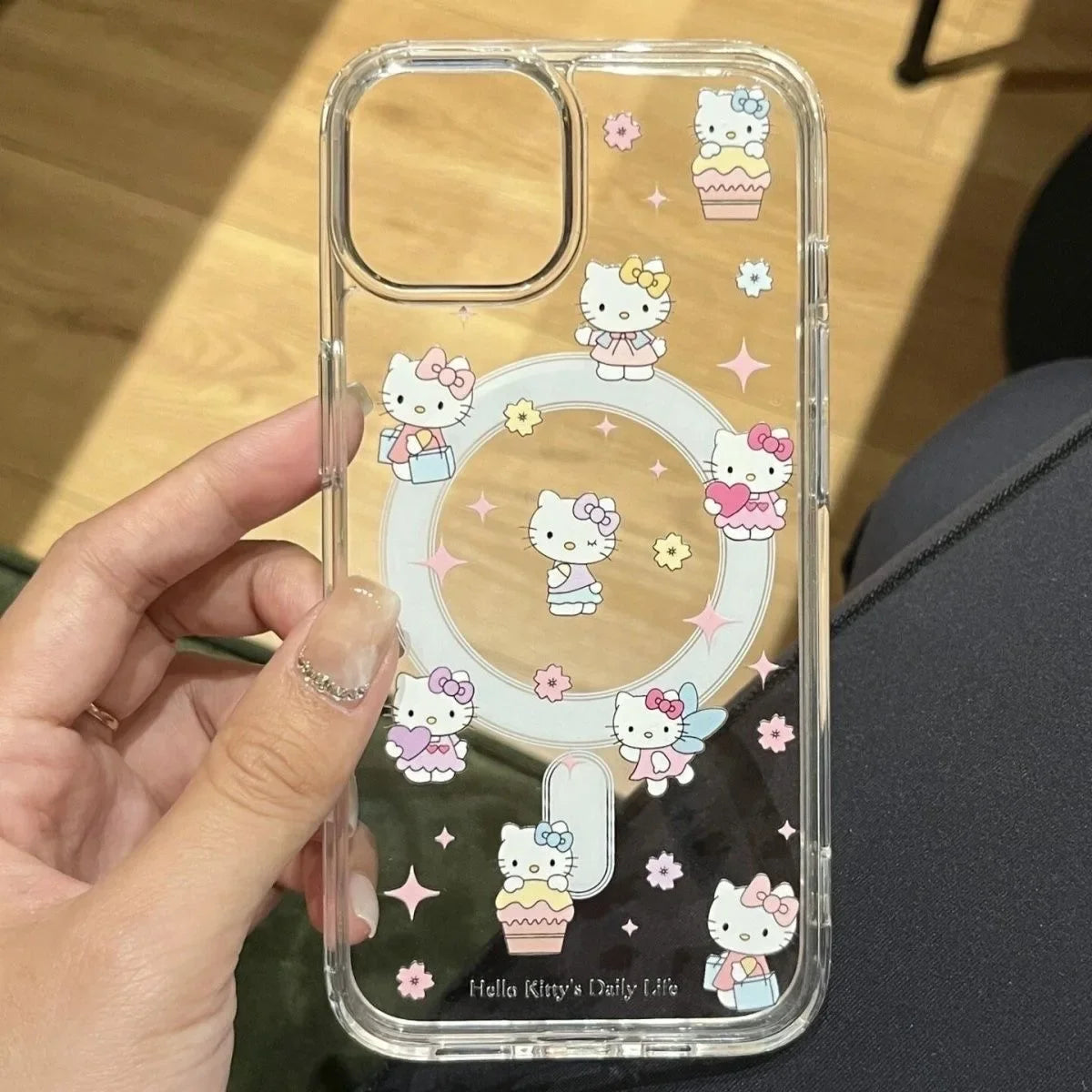 Cute Hello Kitty Magnetic Grip Holder Magsafe Wireless Charge Phone Chain Case For iPhone 16 15 12 Pro Max 14 Plus 13 Mini Cover