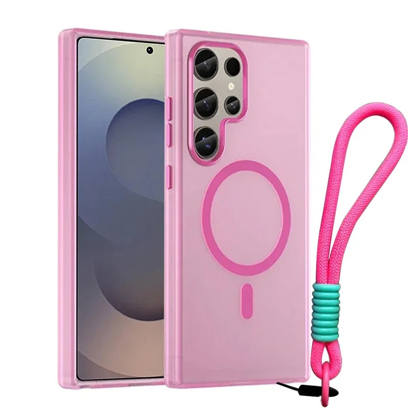 For Magsafe Matte Candy Wrist Strap Phone Cases For Samsung Galaxy S24 S25 Ultra Plus S24 FE Lanyard Magnetic Shockproof Cover