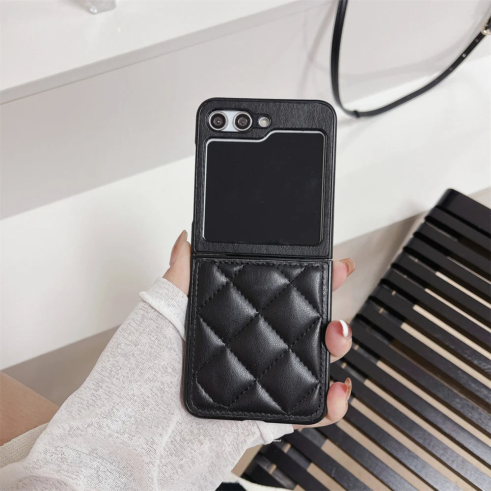 For Samsung Galaxy Z Fold 6 5G Luxury Leather Rhombus Case For Z Flip 5 4 3 Z Fold 6 5 4 3 Pure Color CC Style Protection Cover