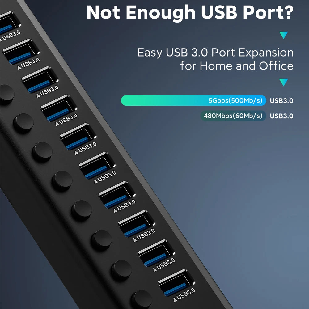7/10/13/16 Ports Powered USB Hub Aluminum USB 3.0 Data Hub Expander with Individual On/Off Switches for Laptop MacBook Splitter