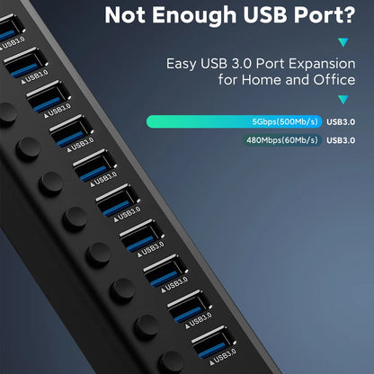 7/10/13/16 Ports Powered USB Hub Aluminum USB 3.0 Data Hub Expander with Individual On/Off Switches for Laptop MacBook Splitter