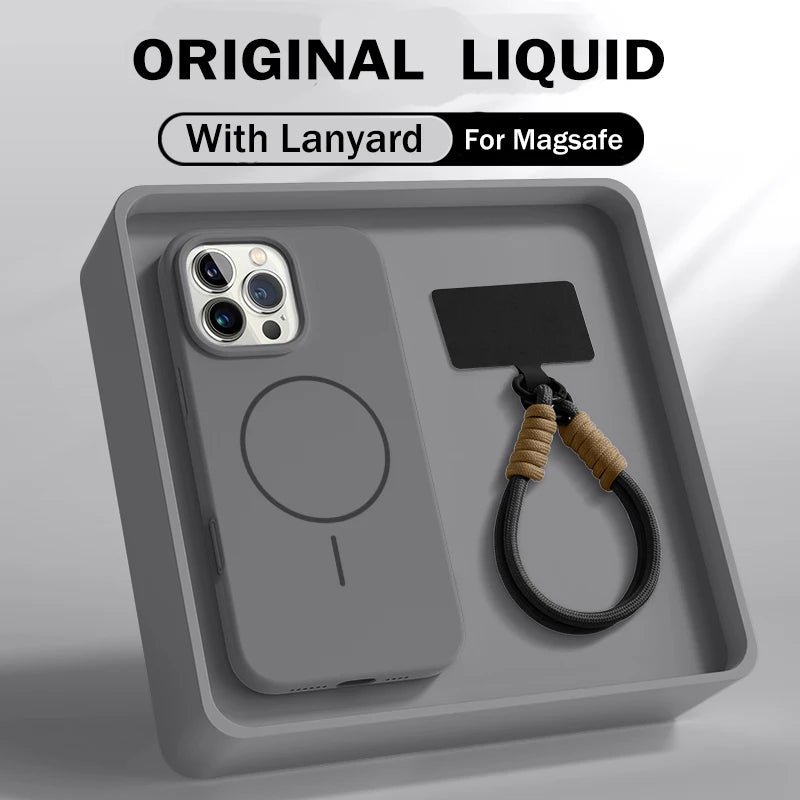 Official Liquid Silicone Lanyard Strap Rope Case For iPhone 16E 16 14 15 Plus 12 13 11 Pro Max For Magsafe Magneitc Soft Cover