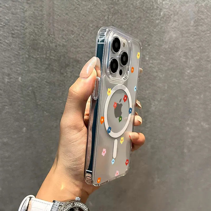 Small Flower Heart Graphic Magsafe Wireless Charger Phone Case For iPhone 16 15 14 13 12 11 16E Pro Max 7 8 Plus XS XR X Cover
