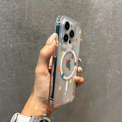 Small Flower Heart Graphic Magsafe Wireless Charger Phone Case For iPhone 16 15 14 13 12 11 16E Pro Max 7 8 Plus XS XR X Cover