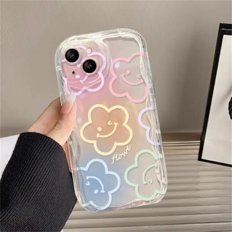 Color Smile Flower Grip Holder Wave Phone Case for Iphone 16 Pro Max 11 12 13 14 15 Pro Max 6 6S 7 8 Plus XR 13 Mini Soft Cover