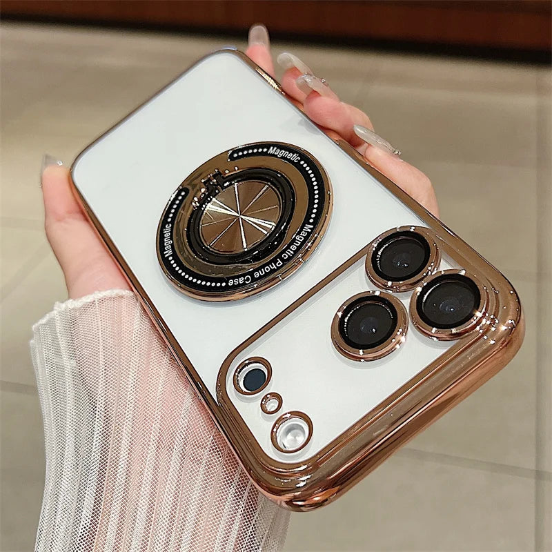 Luxury Plating 360 Rotate Ring Bracket Magnetic For Magsafe Case For iPhone 17 Air 16 15 14 Plus 13 12 11 Pro Max 16E Soft Cover