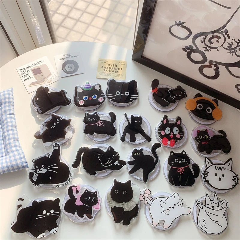 Korean Cute Cartoon Black Cat For Magsafe Magnetic Phone Griptok Phone Holder Stand Universal Phone Ring Grip Tok For iPhone 15
