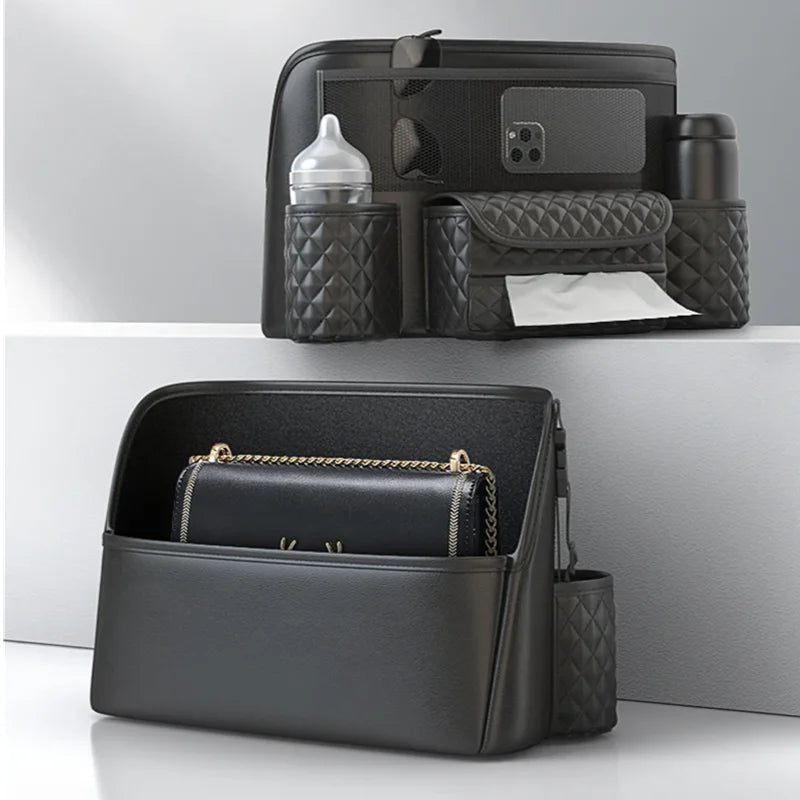 Leather Car Seat Middle Hanger Storage Bag Luxury Auto Handbag Holder Between Seats Tissue Water Cup Pockets Stowing Tidying