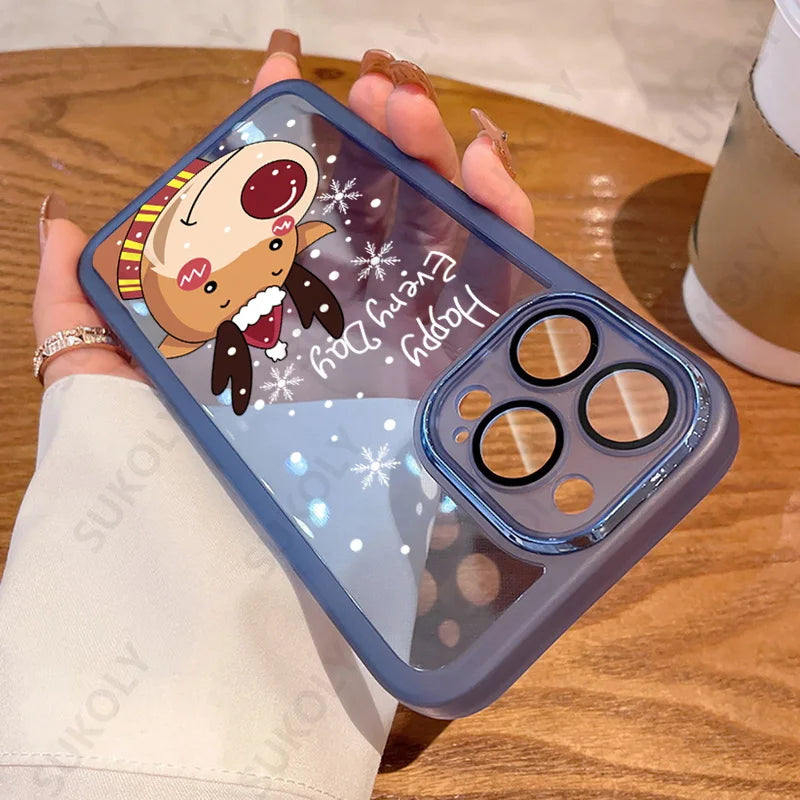 Christmas Case For iPhone 15 14 Pro Max 12 13 Pro Max 11 16 Luxury Lens Protector Shockproof Soft Cover Santa Claus Elk Snowman