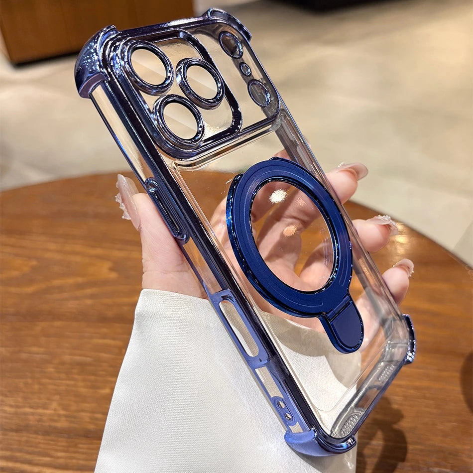 for Magsafe Glitter Bracket Plating Case for iPhone 17 16 15 Pro Max 14 Plus 11 12 13 Air Ring Holder Bling Airbag Bumper Cover