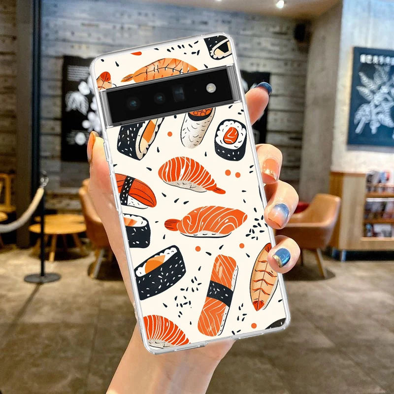 Phone Case For Google Pixel 9 8 7 6 9A 8A 7A 6A 5 4 5A 4A 3A Pro XL Soft Clear TPU Transparent Cover Cute Cartoon Sushi
