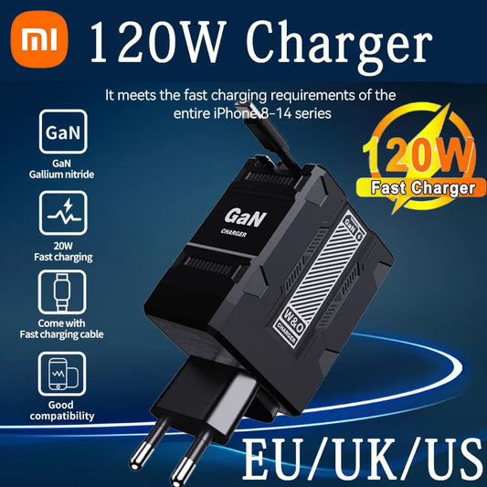 Xiaomi 120W GaN Fast Charger Compatible  With Retractable Type-c And Ligtning Cable Portable Adapter For Iphone 16 Ipad Macbook