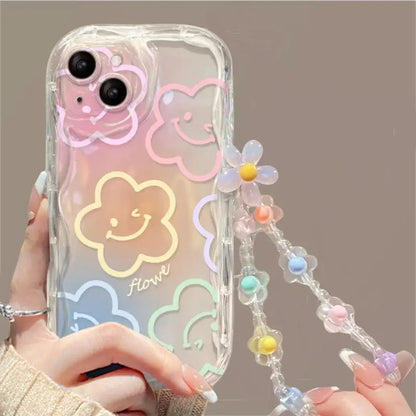 Color Smile Flower Grip Holder Wave Phone Case for Iphone 16 Pro Max 11 12 13 14 15 Pro Max 6 6S 7 8 Plus XR 13 Mini Soft Cover